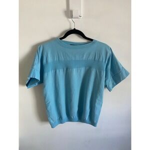 Vintage SK Sport Mens Sky Blue Ribbed Knit Short Sleeve Crew Neck Top Retro 90s